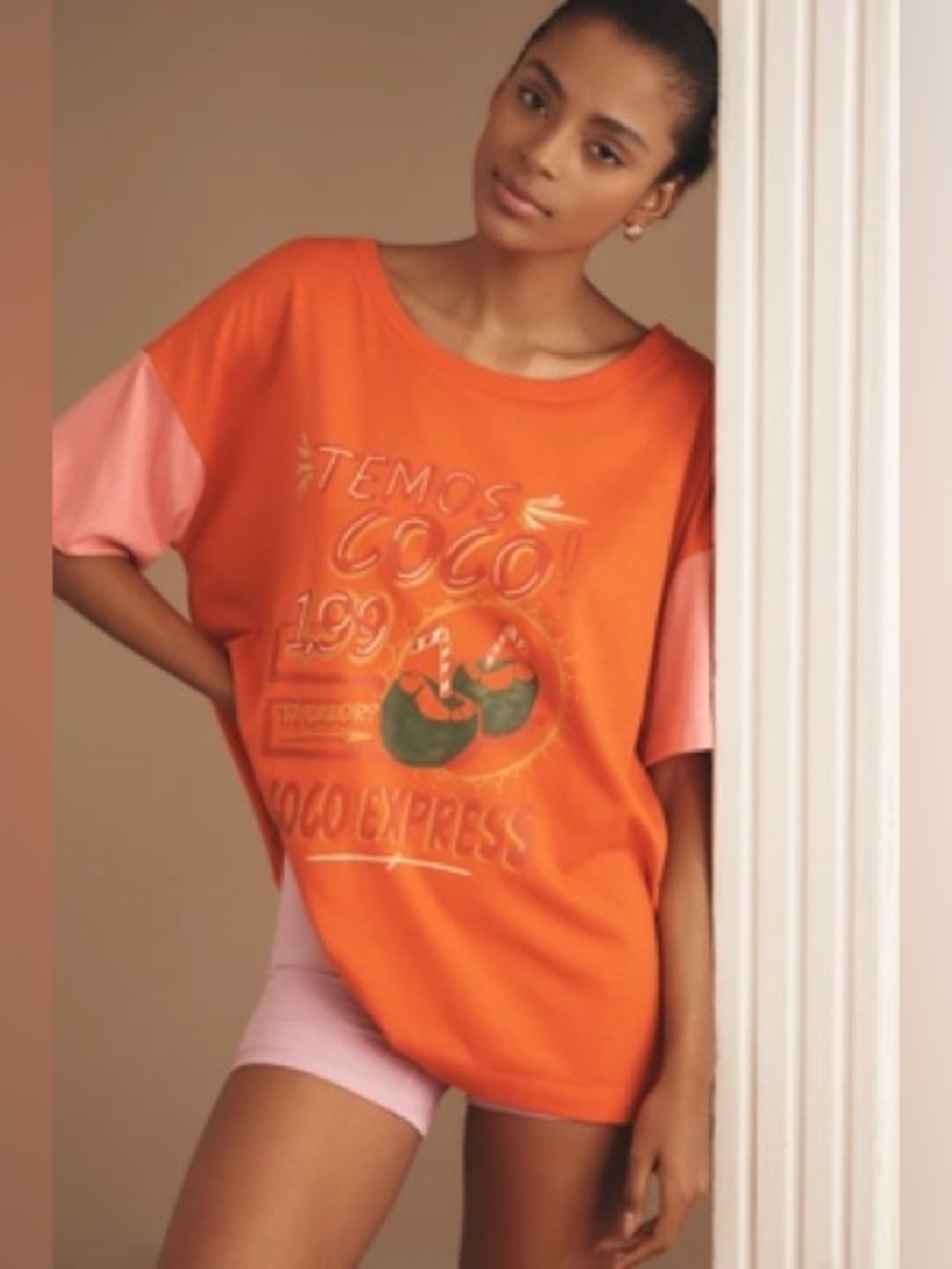 Farm Rio Anthropologie Orange Graphic T Shirt Size Large Tropical Colorful